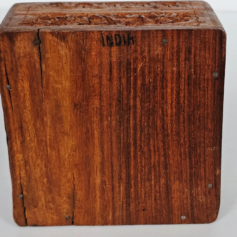 Vintage Handmade Carved Wooden Sewing Box Jewelry Trinket Floral Wood Inlay 1594